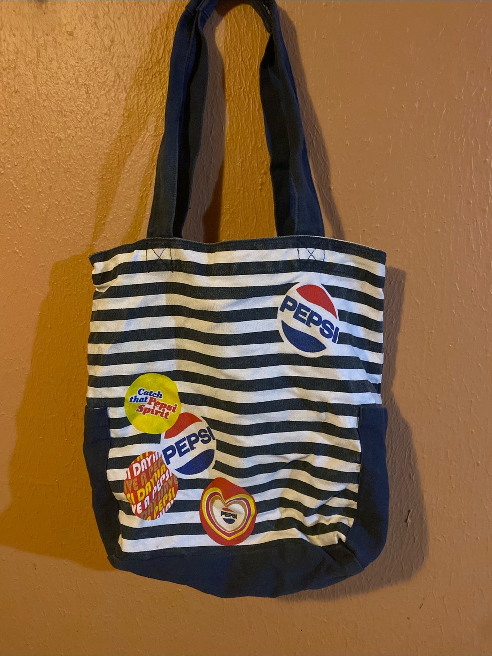 Vintage 80s Pepsi Striped Canvas Tote Bag with Pockets